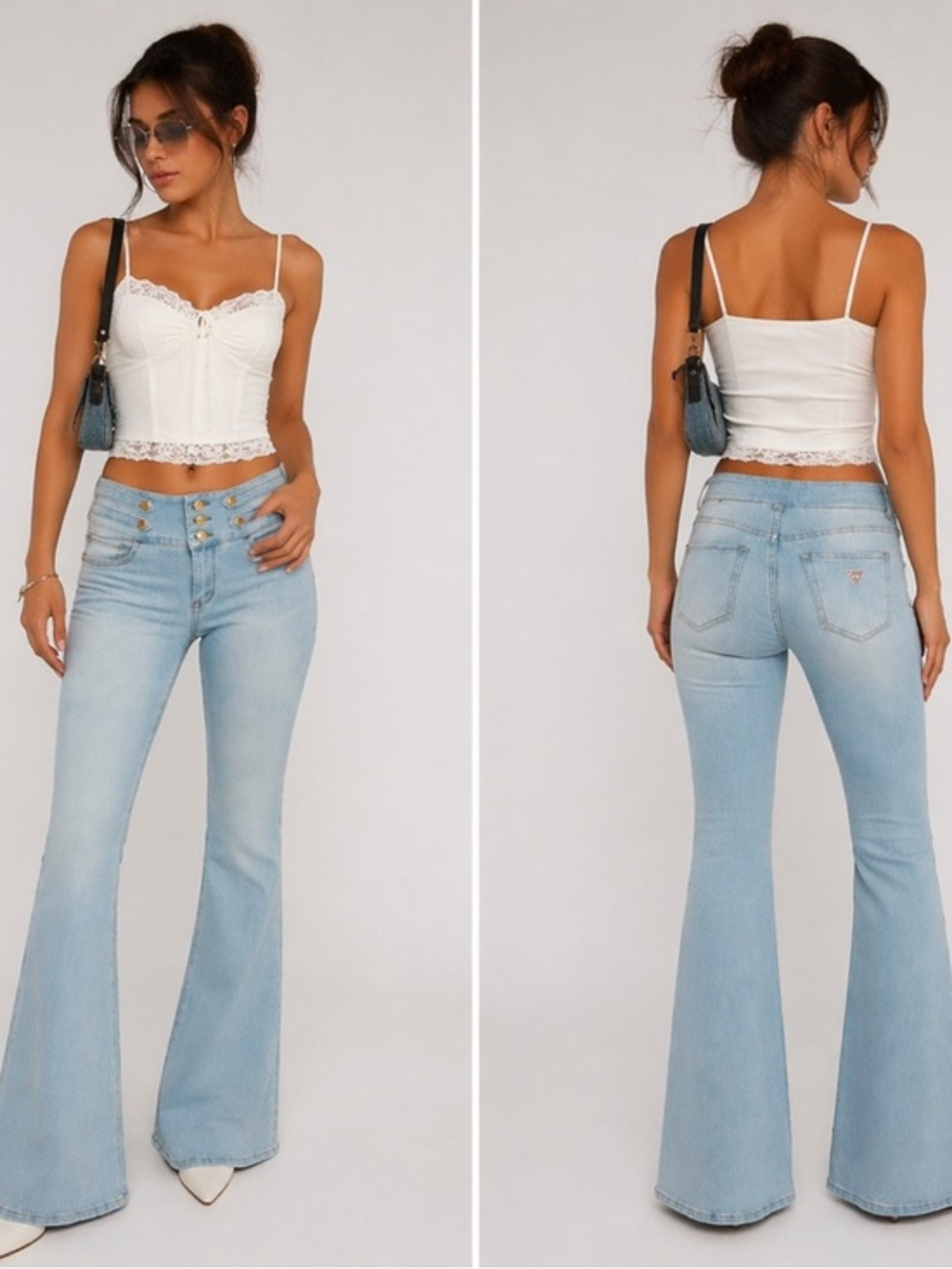 Guess Light Wash Flare Jeans High Rise Button Detail Y2K 26x32 NWT